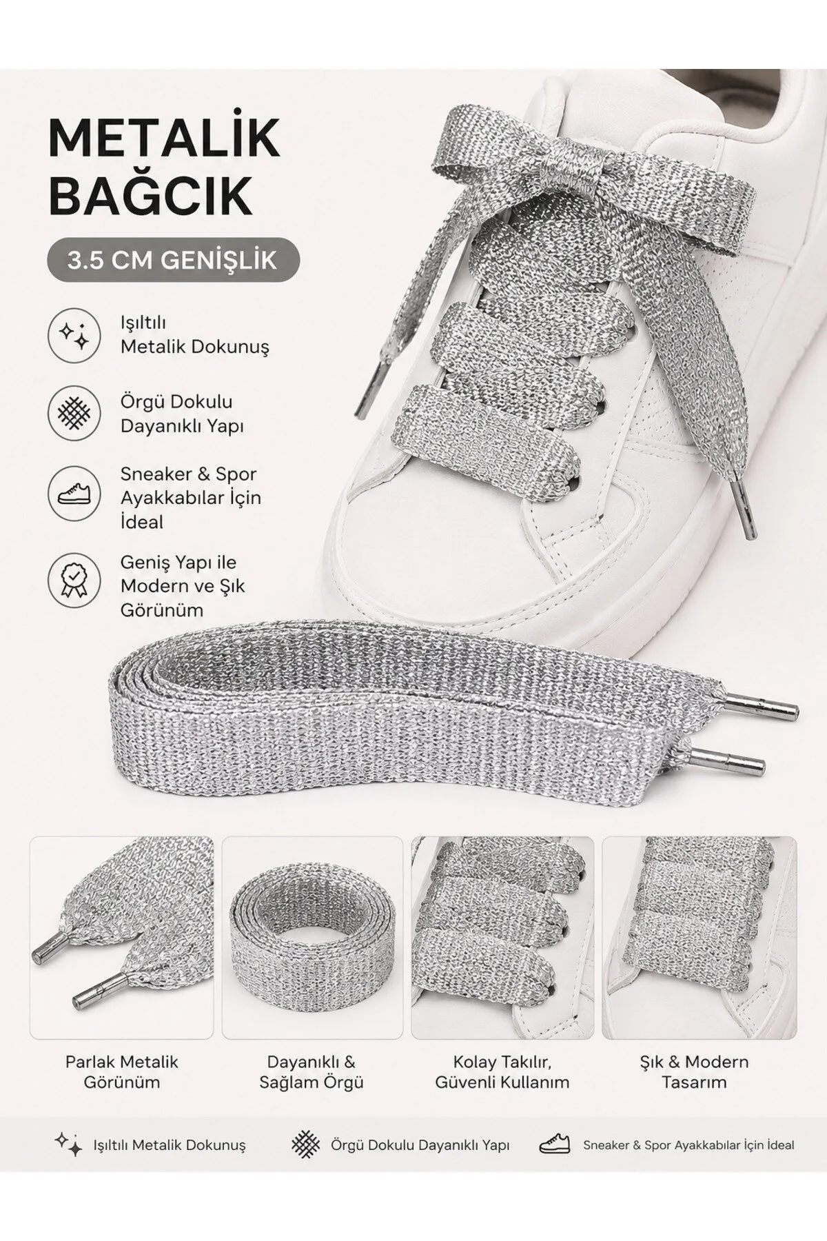 Metalik Gümüş Düz Bağcık 3,5 cm – Geniş Örgü Sneaker & Spor Ayakkabı Bağcığı (1 Çift)