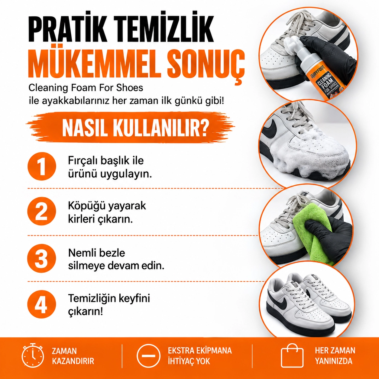 AiryFooT Pro+ Ayakkabı Temizlik Köpüğü – Fırçalı Başlık Derinlemesine Temizleyici Köpük 150 ML