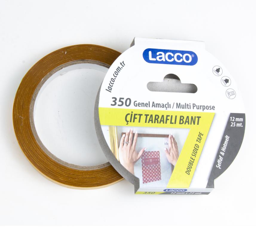 Lacco Çift Taraflı Bant, 12 Mm-25 Metre, Ince - Şeffaf, Deri Hobi Genel Kullanım