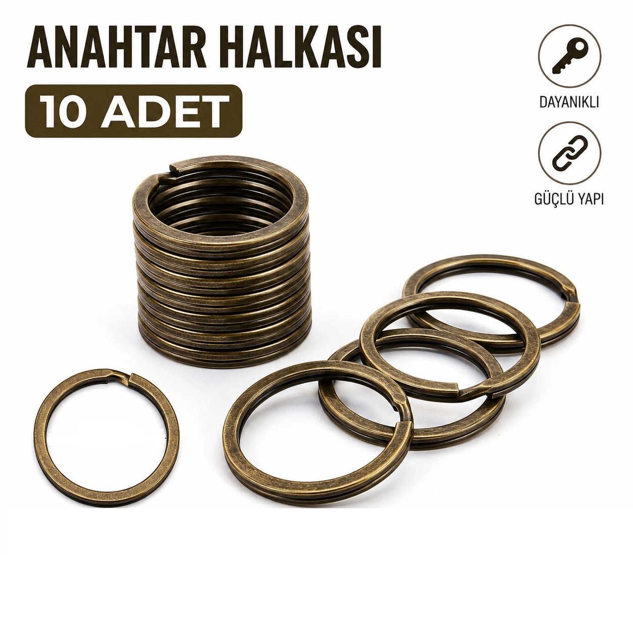Antik 3 cm Yassı Model Anahtarlık Halkası 10 Adet