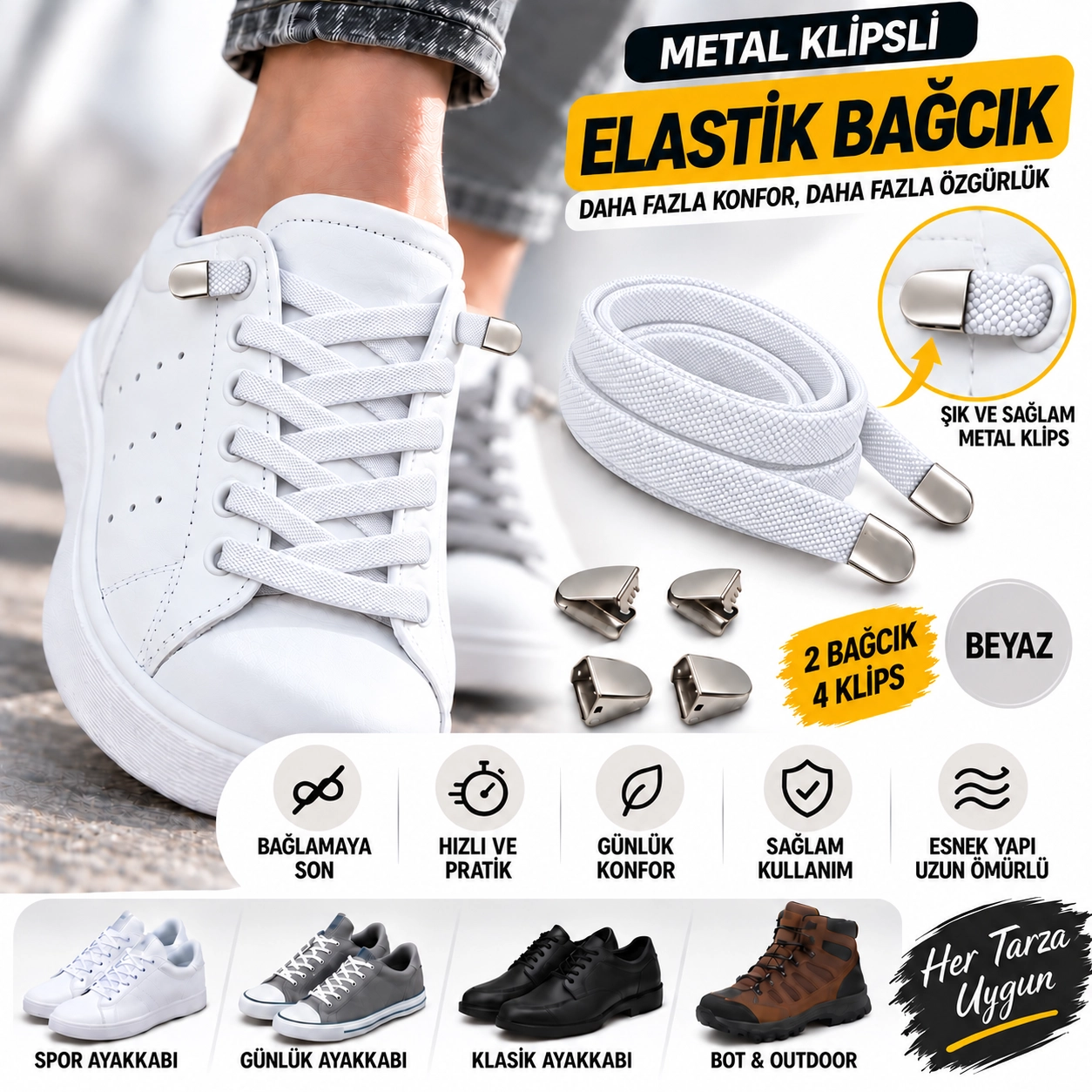 Metal Klipsli Elastik Ayakkabı Bağcığı 100 Cm ( 1 Çift )