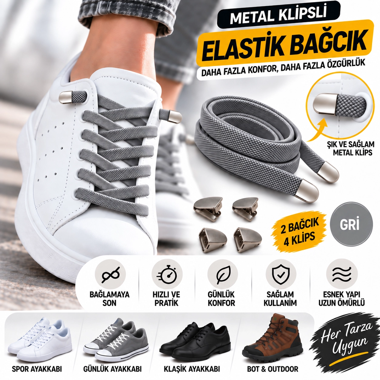 Metal Klipsli Elastik Ayakkabı Bağcığı 100 Cm ( 1 Çift )
