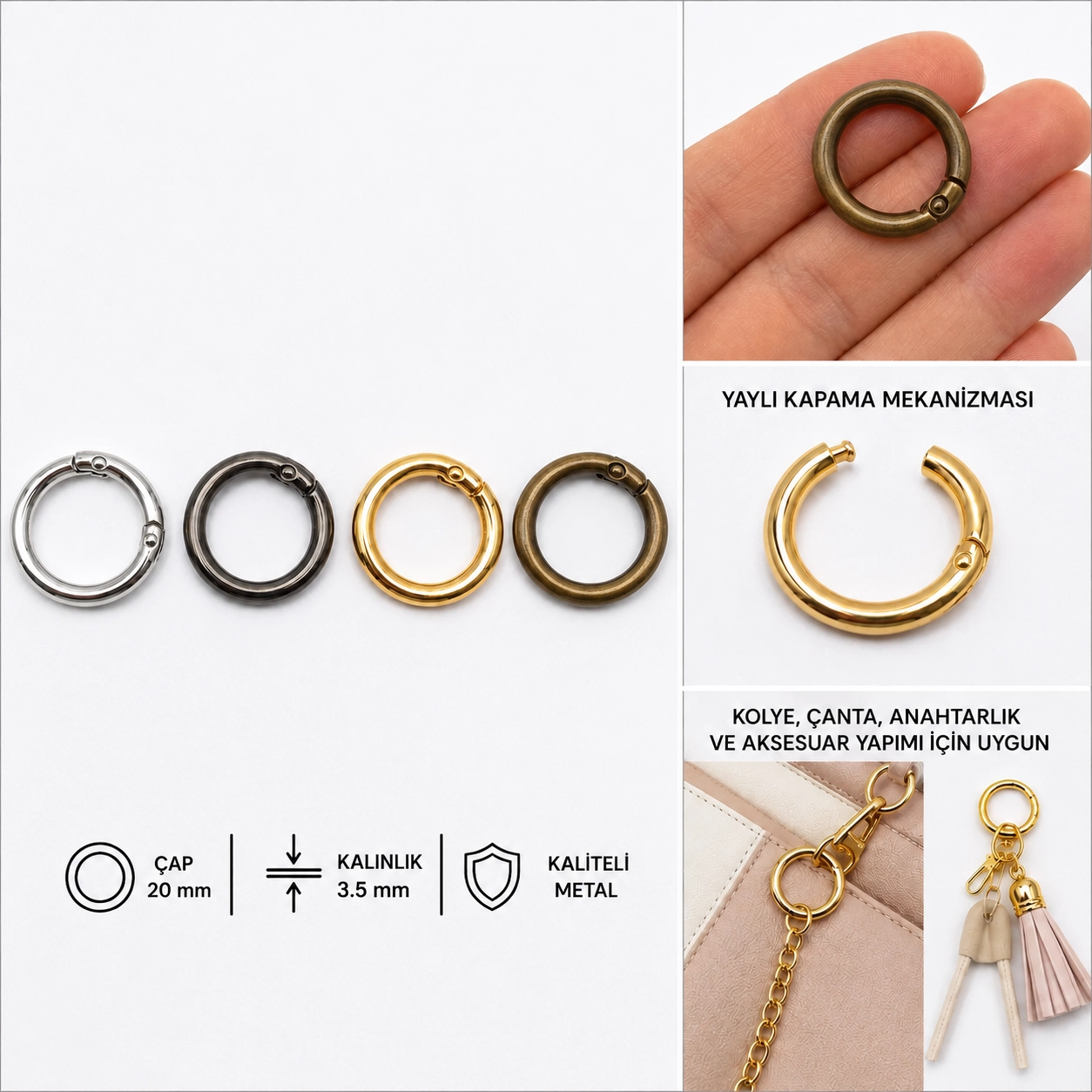 Metal Karabina Halka, 2 cm Yuvarlak Anahtarlık ve Çanta Askısı 2 Adet