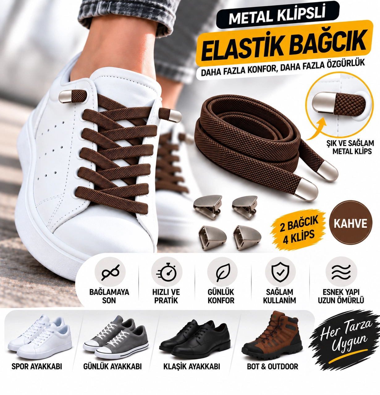 Metal Klipsli Elastik Ayakkabı Bağcığı 100 Cm ( 1 Çift )