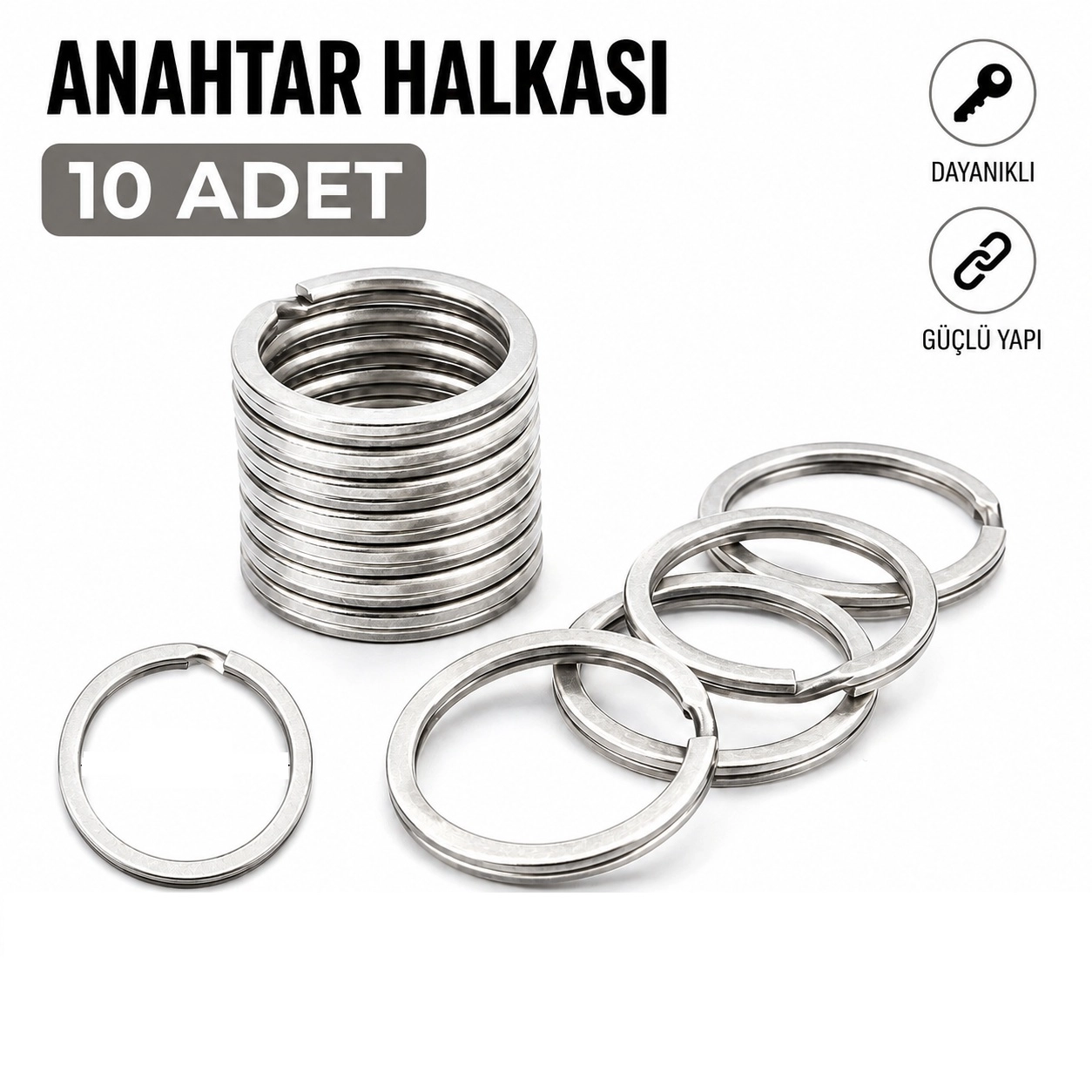 Nikel 3 cm Yassı Model Anahtarlık Halkası 10 Adet