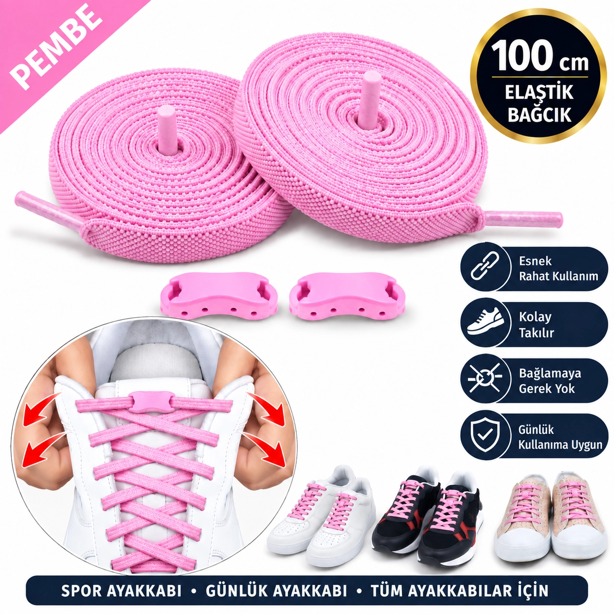 Takbırak Lastikli Ayakkabı Bağcığı, Akıllı Bağcık, Yeni Nesil Bağcık, Pembe