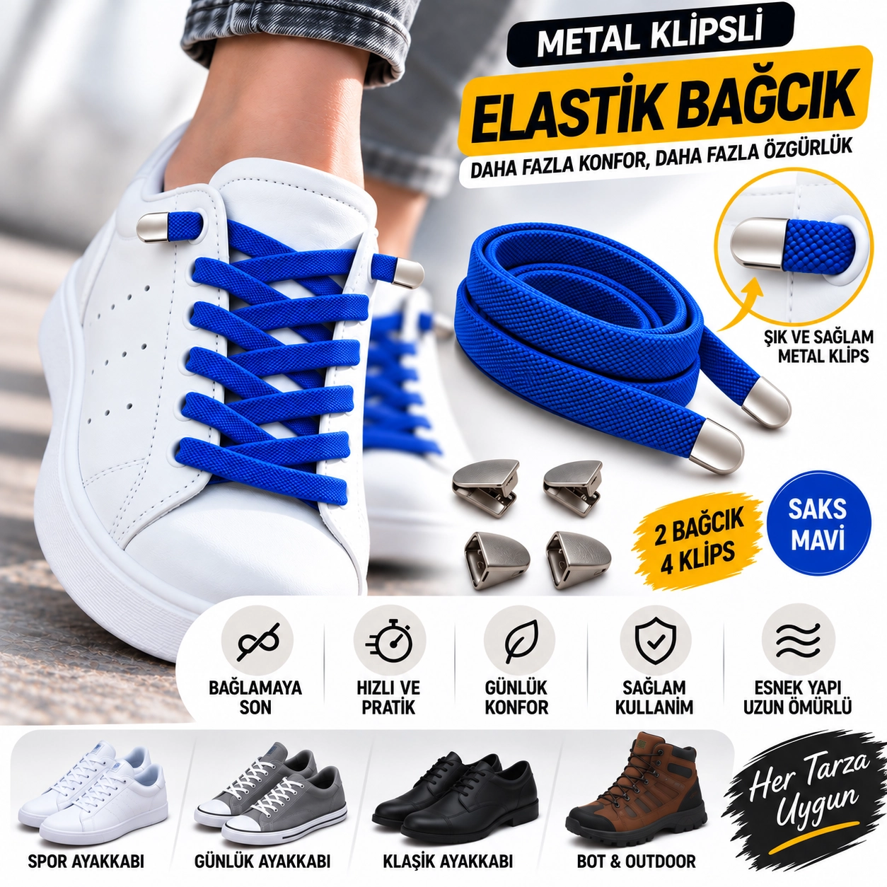 Metal Klipsli Elastik Ayakkabı Bağcığı 100 Cm ( 1 Çift )