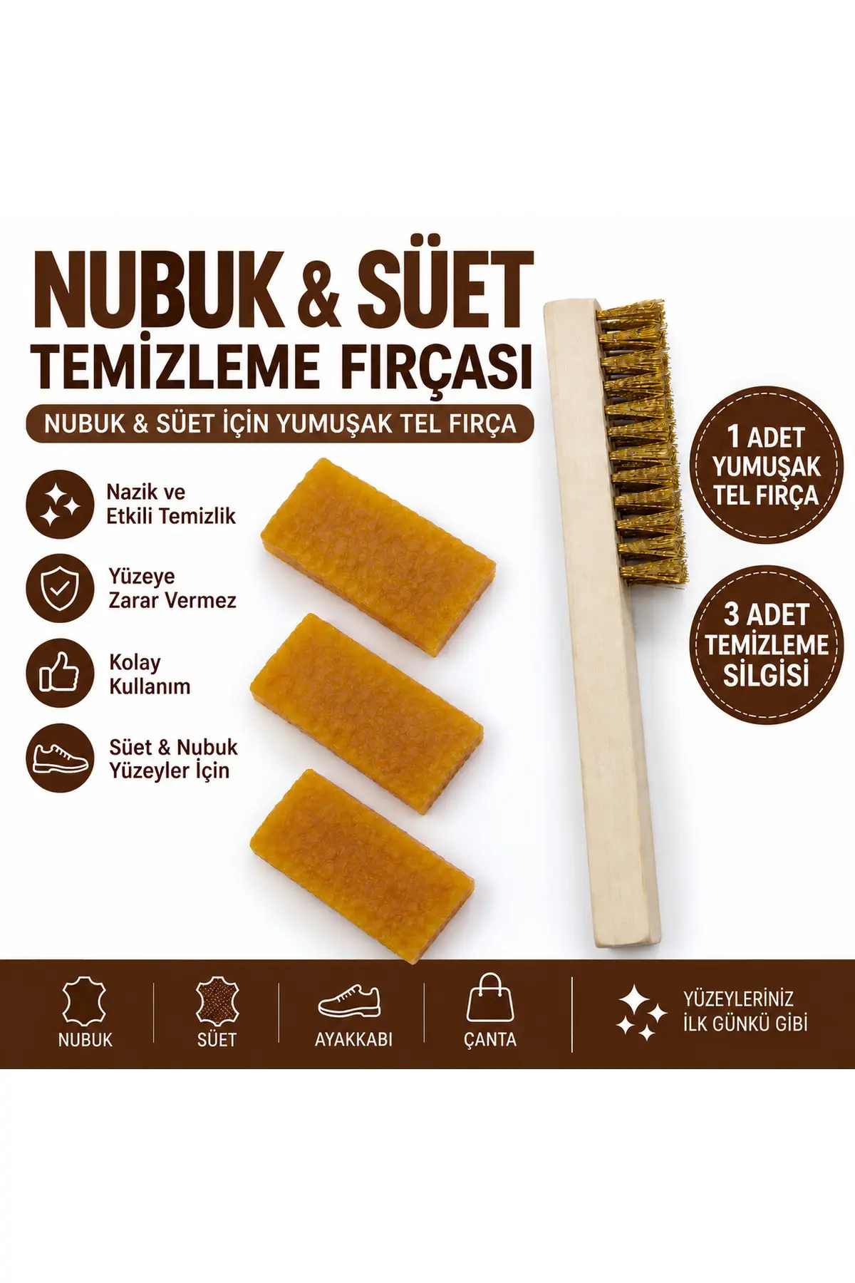 Süet Nubuk Temizleme Seti Temizleme Fırçası + 3 Adet Süet Nubuk Silgisi