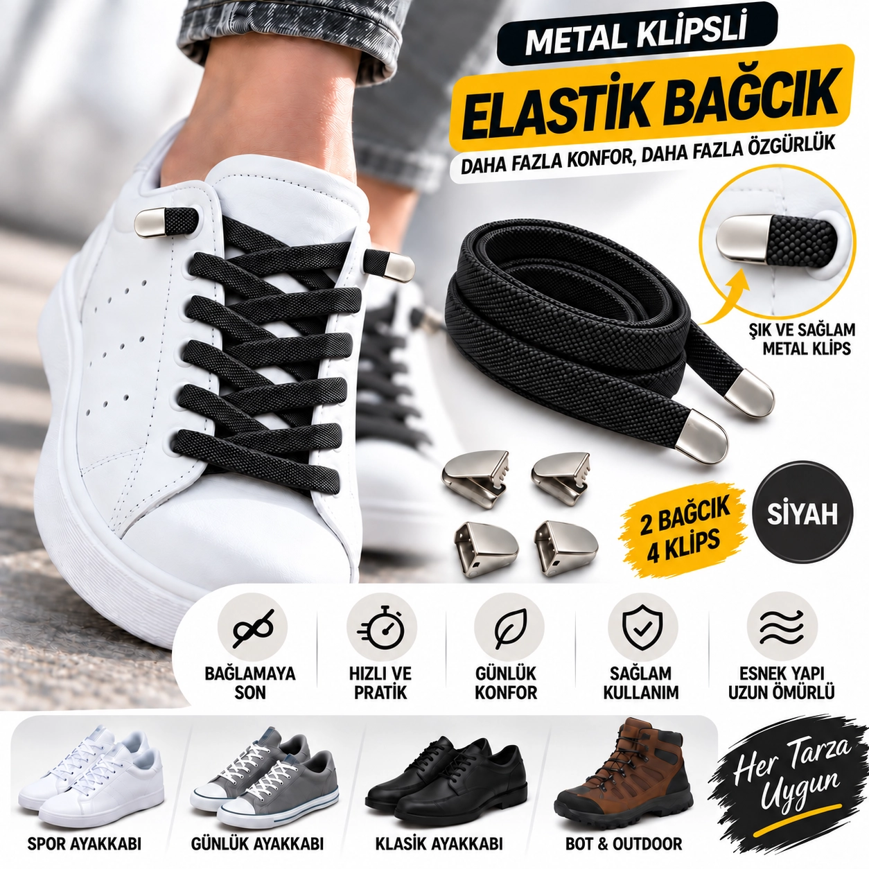 Metal Klipsli Elastik Ayakkabı Bağcığı 100 Cm ( 1 Çift )