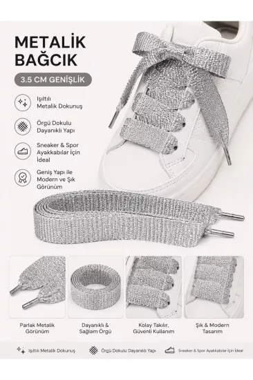 Metalik Gümüş Düz Bağcık 3,5 cm – Geniş Örgü Sneaker & Spor Ayakkabı Bağcığı (1 Çift)