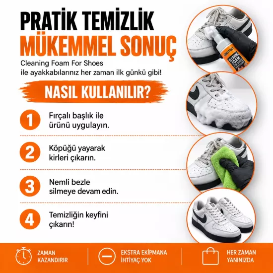 AiryFooT Pro+ Ayakkabı Temizlik Köpüğü – Fırçalı Başlık Derinlemesine Temizleyici Köpük 150 ML