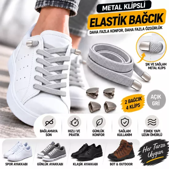 Takbırak Lastikli Ayakkabı Bağcığı, Akıllı Bağcık, Yeni Nesil Bağcık, Açık Gri