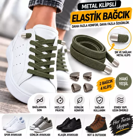 Takbırak Lastikli Ayakkabı Bağcığı, Akıllı Bağcık, Yeni Nesil Bağcık, Haki
