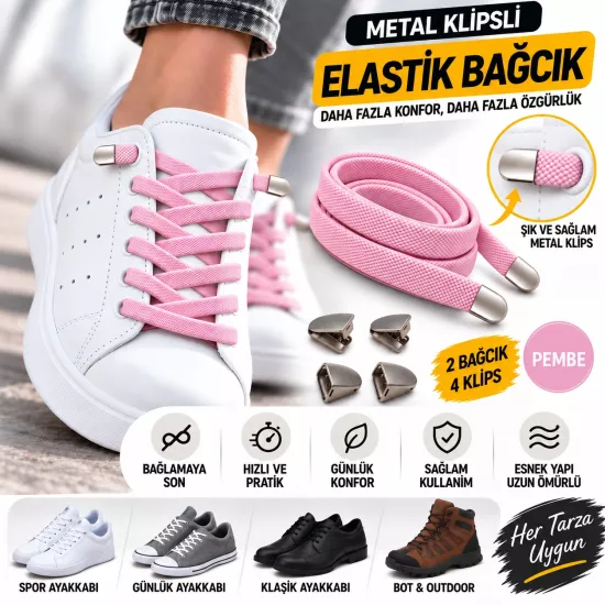 Takbırak Lastikli Ayakkabı Bağcığı, Akıllı Bağcık, Yeni Nesil Bağcık, Pembe