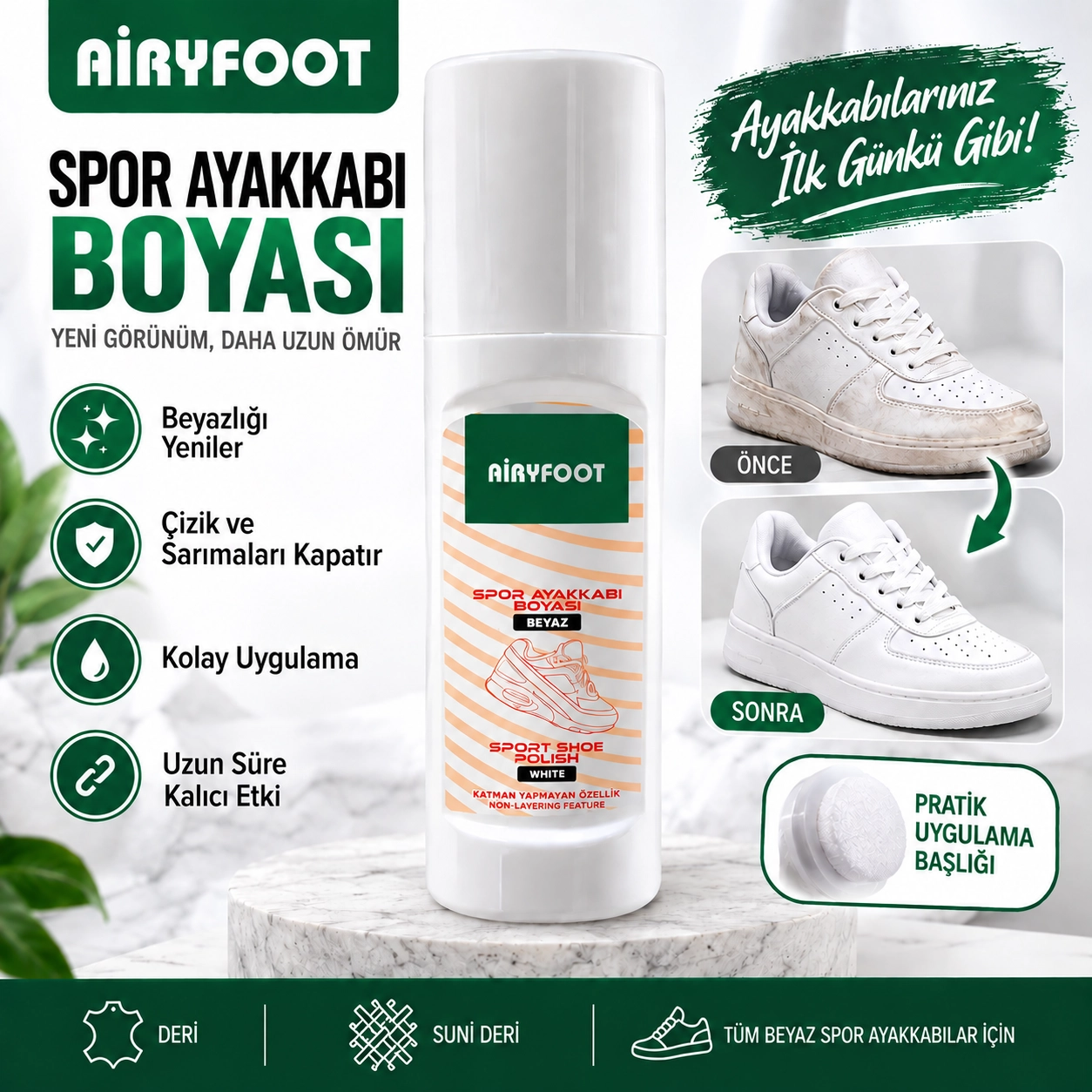 AiryFooT Beyaz Spor Ayakkabı Boyası – Beyazlatıcı ve Yenileyici Likit Boya 75 ML