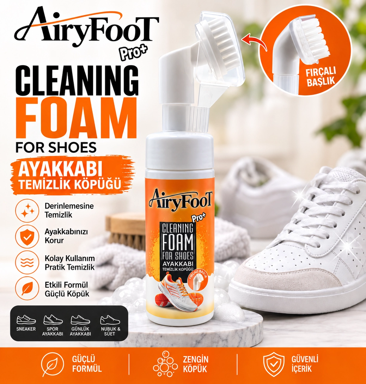 AiryFooT Pro+ Ayakkabı Temizlik Köpüğü – Fırçalı Başlık Derinlemesine Temizleyici Köpük 150 ML
